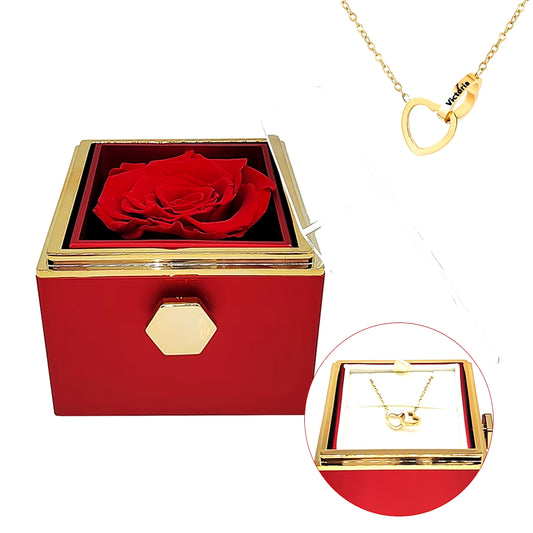 Rotating Eternal Rose Engraved Necklace Valentines Mother Day Gift Box Engraved Interlocking Heart Necklace Eternal Rose Box